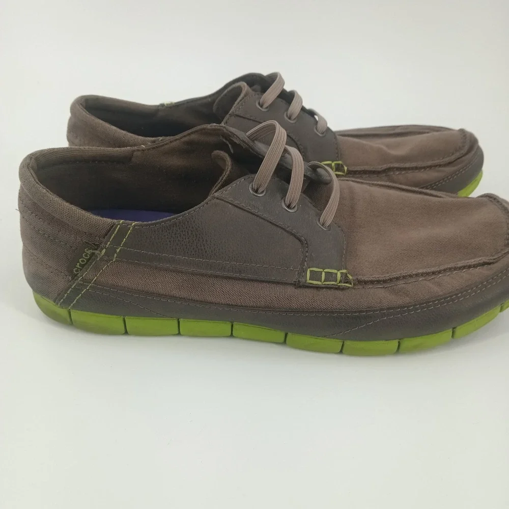 Crocs Mens Walu Boat Shoes Brown Canvas Loafers Lime Green Sole Size 12 M